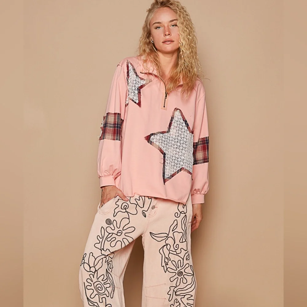POL STAR top patchwork long sleeve pullover pink - Picture 2 of 3